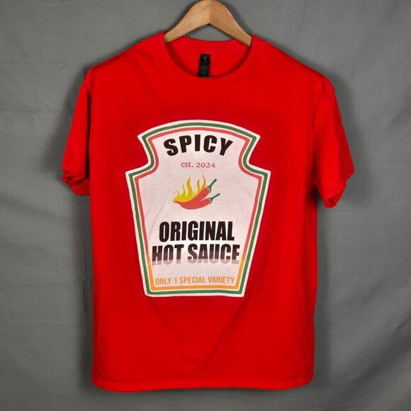 Gildan Red L T-Shirt Original Spicy Hot Sauce Tee Foodie Streetwear Humor - Picture 1 of 12